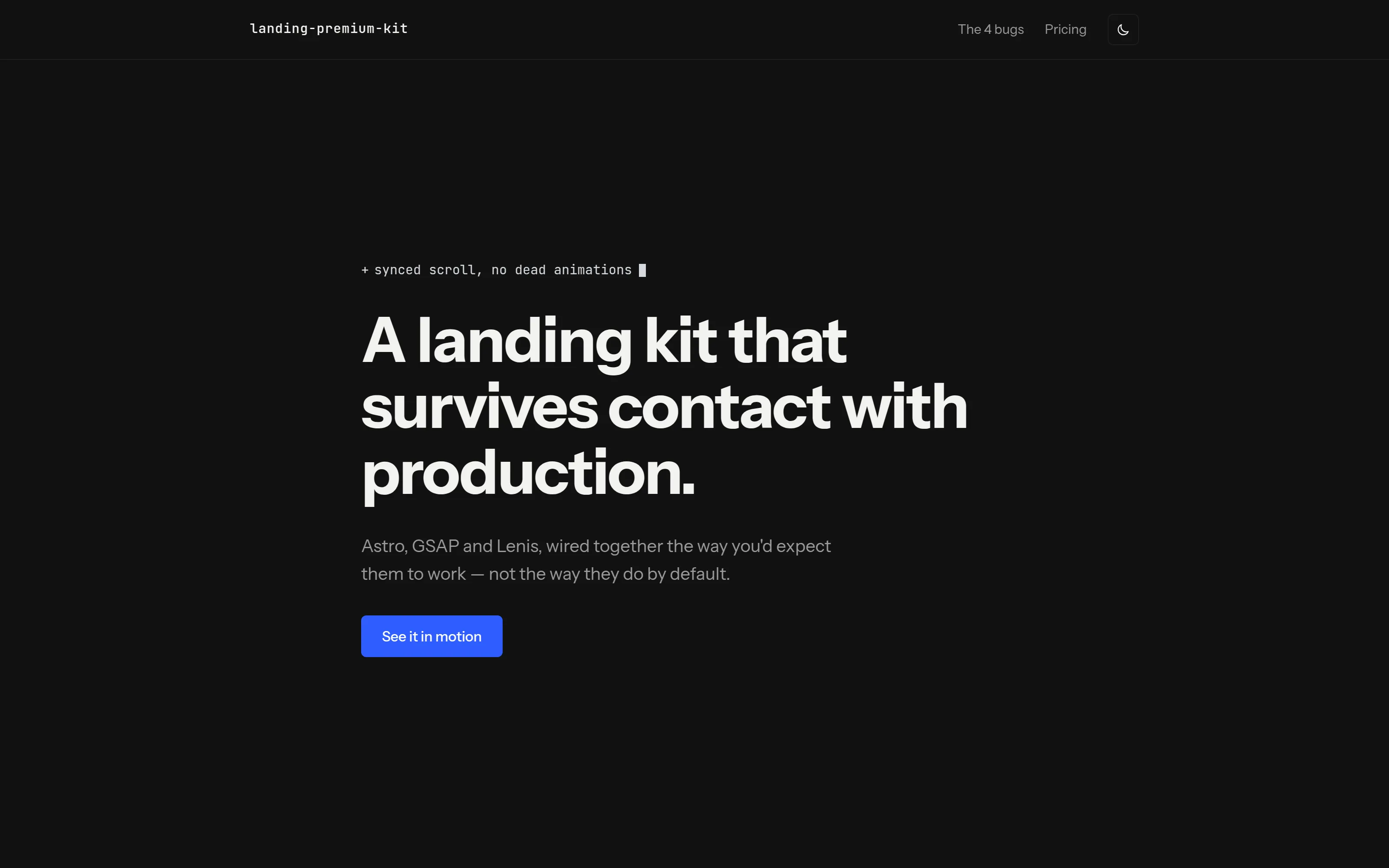 The kit's landing page in dark mode, desktop viewport