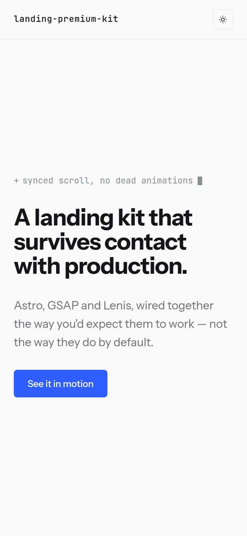 The kit's landing page on a mobile viewport, no horizontal overflow